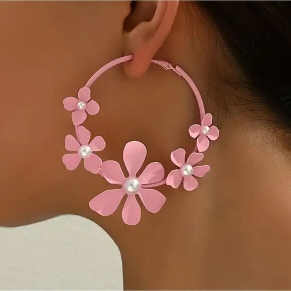 Pink Flower & Pearl Hoop Earrings - Picture 1 of 5